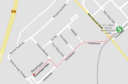Lageplan: Weg von der Haltestelle Welschneureuter Straße zur Babyklappe in der Schönenberger Straße 3